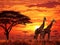 Ai Generated illustration Wildlife Concept of Colourful African Sunrise in a Giraffe South Africa