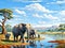 Ai Generated illustration Wildlife Concept of Elephants in african savanna