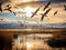 Ai Generated illustration Wildlife Concept of Flock of Migratory Birds over a Marsh