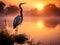 Ai Generated illustration Wildlife Concept of Goliath heron with sunrise over misty river