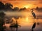 Ai Generated illustration Wildlife Concept of Goliath heron with sunrise over misty river