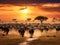 Ai Generated illustration Wildlife Concept of Herd of wildebeest migrating in Serengeti