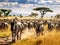 Ai Generated illustration Wildlife Concept of Herd of wildebeest migrating in Serengeti