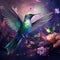 Ai Generated illustration Wildlife Concept of Hummingbird flight. Green Violet-ear flock shine birds