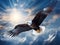 Ai Generated illustration Wildlife Concept of Majestic Bald Eagle Flying in the Clouds with sunrays