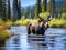Ai Generated illustration Wildlife Concept of Moose in river