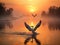 Ai Generated illustration Wildlife Concept of Pelicans flying at sunrise in Danube Delta Romania