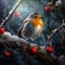 Ai Generated illustration Wildlife Concept of Robin perched on the branch of an apple tree.