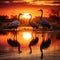 Ai Generated illustration Wildlife Concept of Sandhill Cranes at Sunset