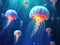 Ai Generated illustration Wildlife Concept of School of jellyfish