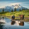 Ai Generated illustration Wildlife Concept of Slope Mountain Lake Clark Alaska Brown Bears