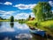 Ai Generated illustration Wildlife Concept of Spring summer landscape blue sky clouds river boat green trees in Sweden