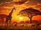 Ai Generated illustration Wildlife Concept of Sunset in african savanna with a giraffe herd