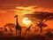 Ai Generated illustration Wildlife Concept of Sunset in african savanna with a giraffe herd