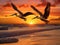 Ai Generated illustration Wildlife Concept of Three Brown Pelicans Fly Near the Beach at Sunset