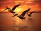 Ai Generated illustration Wildlife Concept of Three Brown Pelicans Fly Near the Beach at Sunset