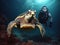 Ai Generated illustration Wildlife Concept of Turtle and Scuba Diver