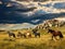 Ai Generated illustration Wildlife Concept of Wild Horse Herd Horses Storm Cloud