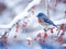 Ai Generated illustration Wildlife Concept of Winter bird photography - blue bird on snow covered bush tree