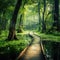 Ai Generated illustration Wildlife Concept of Wood boardwalk in nature reserve