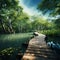 Ai Generated illustration Wildlife Concept of Wood boardwalk in nature reserve