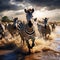 Ai Generated illustration Wildlife Concept of Zebra herd going for a drink in Serengeti