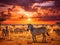 Ai Generated illustration Wildlife Concept of Zebras herd on African savanna at sunset.