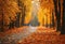 AI generated illustration of a winding pathway covered in golden yellow leaves in a lush forest