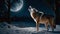 AI generated illustration of a wolf roaring in front of the full moon