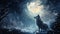 AI generated illustration of a wolf on a rocky cliff with a full moon illuminating the night sky