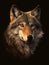 AI generated illustration of a wolf's face against a dark background illuminated by its glowing eyes