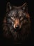 AI generated illustration of a wolf's face against a dark background illuminated by its glowing eyes