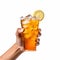 AI generated illustration of a woman holding a tall glass of iced tea with a slice of lemon