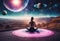 AI generated illustration of a woman meditating in the lotus position surrounded by planets