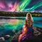 AI-generated illustration of a woman sitting on a rock enjoying the breathtaking Aurora Borealis