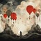 AI generated illustration of a woman standing on a grassy hilltop, looking up at the red balloons