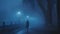 AI generated illustration of a woman strolling on a misty evening sidewalk