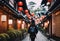 AI-generated illustration of a woman walking through an alley adorned with vibrant Chinese lanterns