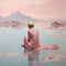 AI generated illustration of a woman wearing a pink dress, seated in a tranquil body of water