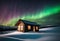 AI generated illustration of a wooden cabin in a winter landscape illuminated by the Aurora Borealis