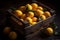 AI-generated illustration of a wooden crate filled with vibrant lemons.