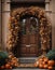 AI generated illustration of a wooden door with an autumnal display of orange pumpkins