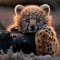 AI generated illustration of a young cheetah cub resting on a camera lens