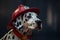 AI generated illustration of a young Dalmatian puppy wearing a firefighter's hat