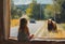AI generated illustration of a young girl sitting on window sill, gazing at a bear and car outside