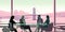 AI generated illustration of young professional females having a meeting with a skyline view