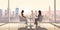 AI generated illustration of young professional females having a meeting with a skyline view