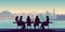 AI generated illustration of young professional females having a meeting with a skyline view