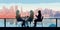 AI generated illustration of young professional females having a meeting with a skyline view