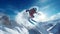 AI generated illustration of a young snowboarder soaring over a pristine mountain landscape